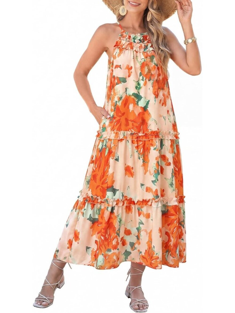 Women's Orange Flower Sleeveless Halter Neck Boho Pull On Imported Maxi Dress